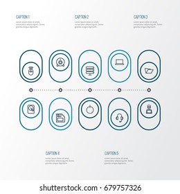 Hardware Outline Icons Set. Collection Of File, Laptop, Hard Disk And Other Elements. Also Includes Symbols Such As Button, Server, Winchester.