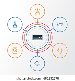 Hardware Outline Icons Set. Collection Of File, Notebook, Camera And Other Elements. Also Includes Symbols Such As Earphones, Hard, Notebook.