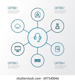 Hardware Outline Icons Set. Collection Of Display, Storage, Hard Disk And Other Elements. Also Includes Symbols Such As Display, Camera, Notebook.