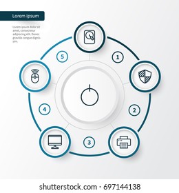 Hardware Outline Icons Set. Collection Of Peripheral, Protect, Power And Other Elements. Also Includes Symbols Such As Start, Screen, Hard.