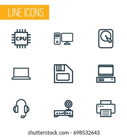 Hardware Outline Icons Set. Collection Of Computer, PC, Floppy And Other Elements. Also Includes Symbols Such As Winchester, PC, Disk.