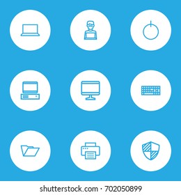 Hardware Outline Icons Set. Collection Of Notebook, File, Laptop And Other Elements. Also Includes Symbols Such As Laptop, Screen, Power.