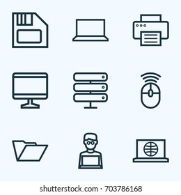 Hardware Outline Icons Set. Collection Of File, Printer, Notebook And Other Elements. Also Includes Symbols Such As Connect, Storage, Server.
