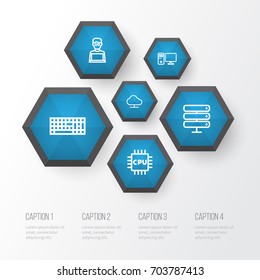 Hardware Outline Icons Set. Collection Of Computer, Notebook, Keypad And Other Elements. Also Includes Symbols Such As Computer, Cloud, Central.