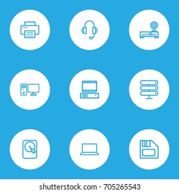 Hardware Outline Icons Set. Collection Of Laptop, PC, Computer And Other Elements. Also Includes Symbols Such As Press, Print, Server.