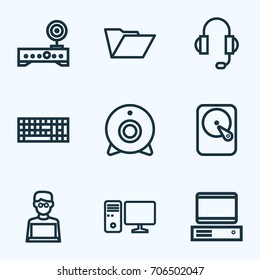 Hardware Outline Icons Set. Collection Of Hard Disk, Keypad, Computer And Other Elements. Also Includes Symbols Such As Device, Winchester, Laptop.