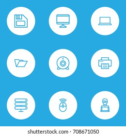 Hardware Outline Icons Set. Collection Of Display, Peripheral, Laptop And Other Elements. Also Includes Symbols Such As Floppy, Press, Cam.