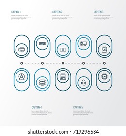 Hardware Outline Icons Set. Collection Of Earphones, PC, Printer And Other Elements. Also Includes Symbols Such As Disk, Motherboard, Computer.