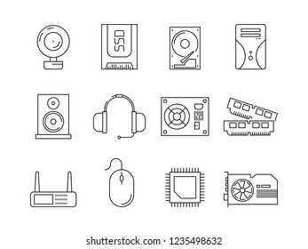 Hardware pc components. Symbols of computer items processor server ssd or hdd memory ram vector line icons