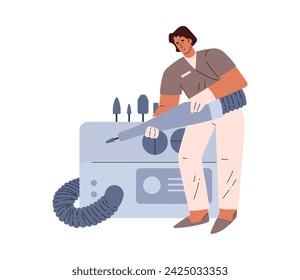 Hardware pedicure master with grinding machine for performing cosmetic procedure for feet and sanding heels, flat vector illustration isolated on white background.