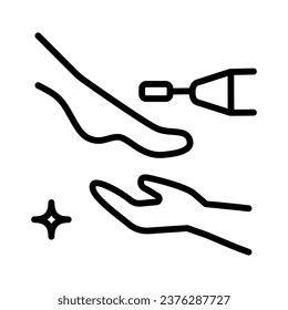 Hardware pedicure outline icon. Foot care icon, hand with leg, pedicure, chiropody - linear web symbol on white background. Nail polish. Beauty procedures. Tools for nails treatment. Beauty parlor ser