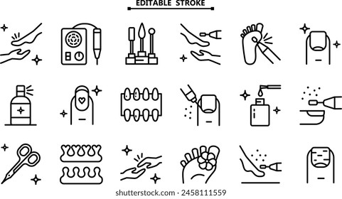 Hardware pedicure outline icons set. Foot care icon, hand with leg, pedicure, chiropody, massage - linear web symbols set on white background. Nail polish. Beauty procedures. Tools for nails treatment