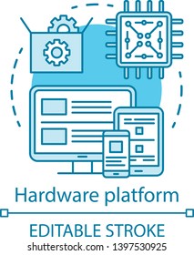 Hardware platform, computer technology concept icon. Computer components testing software idea thin line illustration. IT industry, programming. Vector isolated outline drawing. Editable stroke