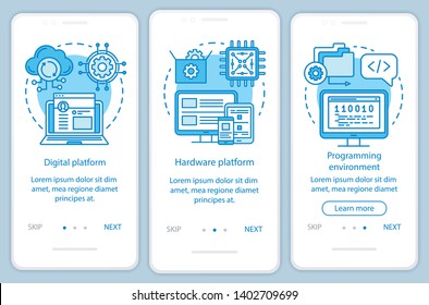 Hardware platform onboarding mobile app page screen vector template. Electronics testing software. Walkthrough website steps with linear illustrations. UX, UI, GUI smartphone interface concept