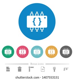 Hardware programming flat white icons on round color backgrounds. 6 bonus icons included.