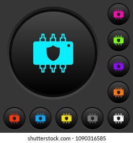 Hardware protection dark push buttons with vivid color icons on dark grey background