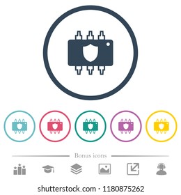 Hardware protection flat color icons in round outlines. 6 bonus icons included.