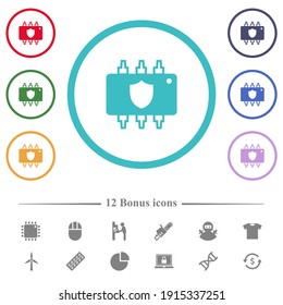 Hardware protection flat color icons in circle shape outlines. 12 bonus icons included.