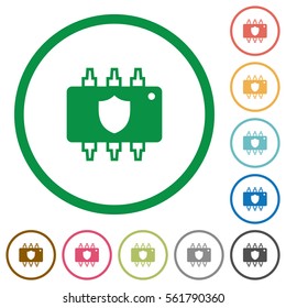 Hardware protection flat color icons in round outlines on white background
