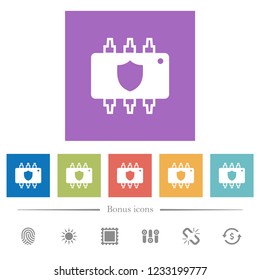 Hardware protection flat white icons in square backgrounds. 6 bonus icons included.