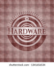 Hardware red seamless emblem or badge with abstract geometric polygonal pattern background.