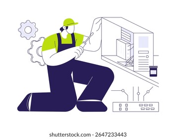 Ilustração de vetor de conceito abstrato de reparação de hardware. Técnico de informática consertando hardware, montar computador, profissão tecnológica, manutenção eletrônica, metáfora abstrata de trabalho sysadmin.