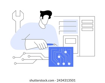 Ilustraciones aisladas del vector de la historieta de la reparación del hardware. Técnico de la computadora que fija el hardware, monta la computadora, profesión de la tecnología, mantenimiento de la electrónica, caricatura del vector del trabajo del administrador del sistema.