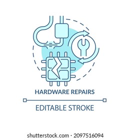Icono de concepto turquesa de reparación de hardware. Descomposición física. Tipo de reparación de la ilustración de línea delgada de idea abstracta. Dibujo de contorno aislado. Trazo editable. Fuentes Roboto-Medium, Myriad Pro-Bold utilizadas