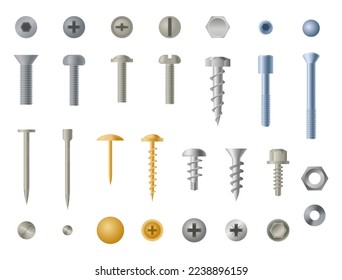 Hardware screw, bolt, nut nail. Metal hook and drill, steel and gold colored instruments for building workshop. 3d elements construction industry. Vector realistic illustration utter supplies