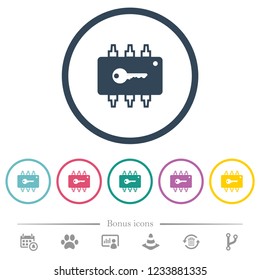 Hardware security flat color icons in round outlines. 6 bonus icons included.