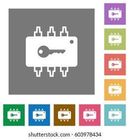 Hardware security flat icons on simple color square backgrounds