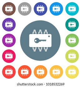 Hardware security flat white icons on round color backgrounds. 17 background color variations are included.