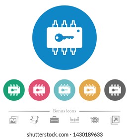 Hardware security flat white icons on round color backgrounds. 6 bonus icons included.