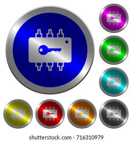 Hardware security icons on round luminous coin-like color steel buttons