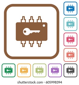 Hardware security simple icons in color rounded square frames on white background