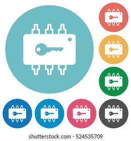Hardware security white flat icons on color rounded square backgrounds