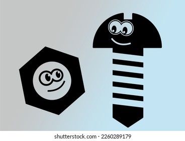 hardware, set of nut and bolt, screw, cartoon, humorous vector illustration, eyes, faces,black vector symbols on transparency background, silhouette