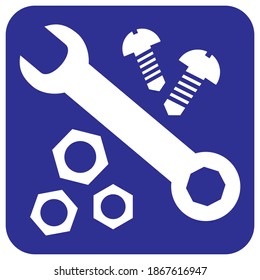 Hardware, set of nut, wrench and screw, white vector icon on blue background