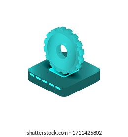 Icono de configuración de hardware encaminador isométrico y engranaje en la ilustración del vector de fondo blanco.