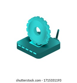 hardware setting icon isometric wifi router and gear on white background vector illustration.