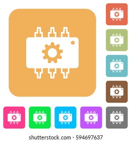 Hardware settings flat icons on rounded square vivid color backgrounds.