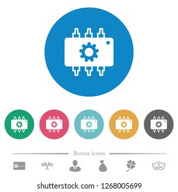 Hardware settings flat white icons on round color backgrounds. 6 bonus icons included.