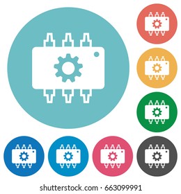 Hardware settings flat white icons on round color backgrounds