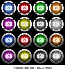 Hardware settings white icons in round glossy buttons with steel frames on black background.