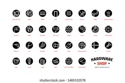 Hardware shop and building set of round icons. For packaging, label and web design. Isolated on white background