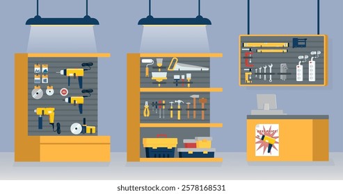 Hardware shop design interior, tools store showcase with modern professional instrument display vector illustration. Household equipment, repair and renovation device for sale shopping service