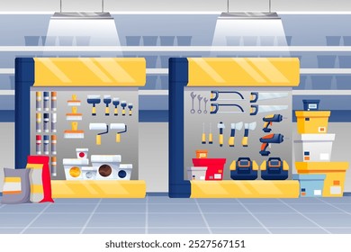 Hardware shop interior background. Store with stands with paint, toolkits, saws, hammers, screwdrivers vector illustration. Tools and materials assortment for renovation.