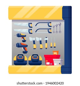 Elementos de visualización de diseño interior de la tienda de hardware. Apoye los kits de herramientas, sierras, martillos, destornilladores, cajas de ilustraciones vectoriales. El surtido de herramientas y materiales para la renovación.