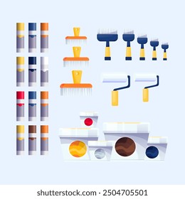 Hardware shop interior design display elements. Stand with paints, paint brushes, rollers, sprays, boxes or buckets vector illustration. Tools and materials assortment for renovation.