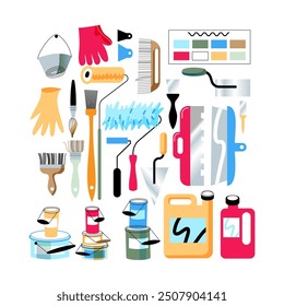 Hardware shop interior design display elements. Stand with paints, paint brushes, rollers, sprays, boxes or buckets vector illustration. Tools and materials assortment for renovation.